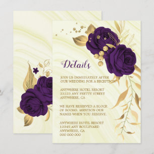 Tarjeta De Recepción Detalles de mármol floral de oro morado real