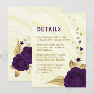 Tarjeta De Recepción Detalles de mármol floral de oro morado real