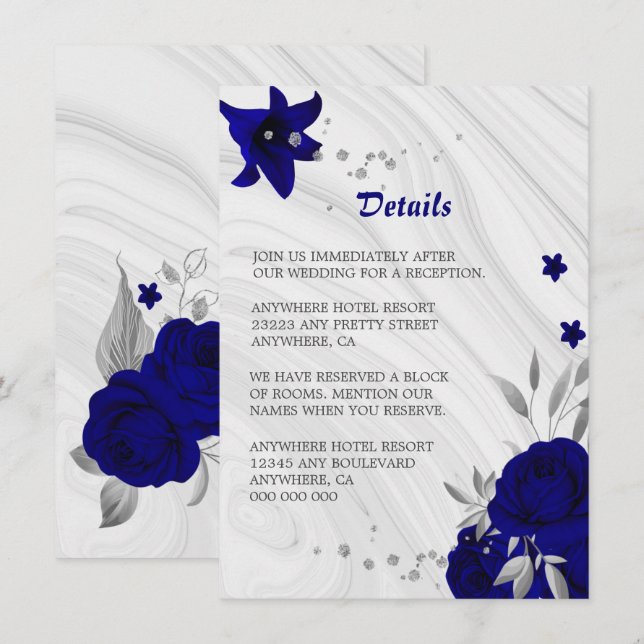 Tarjeta De Recepción detalles de mármol floral gris plateado azul real (Anverso / Reverso)