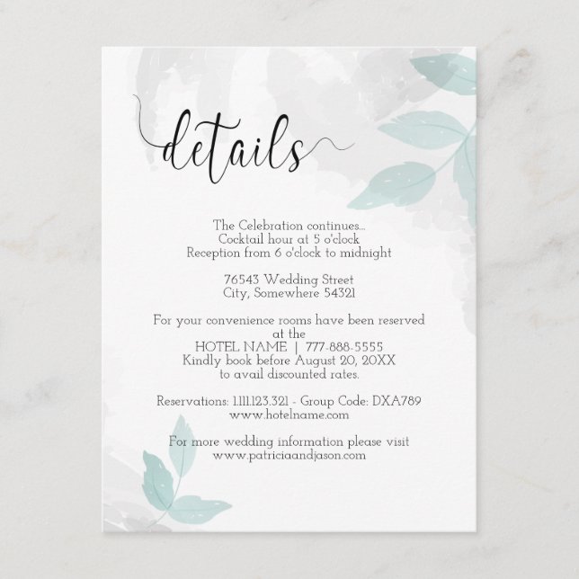 Tarjeta De Recepción Detalles de menta suave y Boda gris (Anverso)