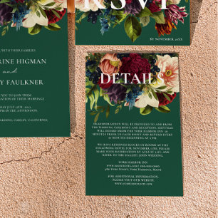 Tarjeta De Recepción Detalles de Moody Floral Burgundy y Emerald Boda