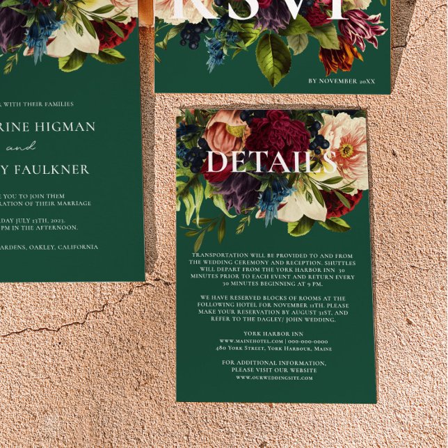 Tarjeta De Recepción Detalles de Moody Floral Burgundy y Emerald Boda (Subido por el creador)