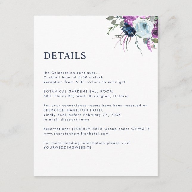 Tarjeta De Recepción Detalles de morado y floral azul / Información de  (Anverso)