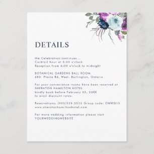 Tarjeta De Recepción Detalles de morado y floral azul / Información de