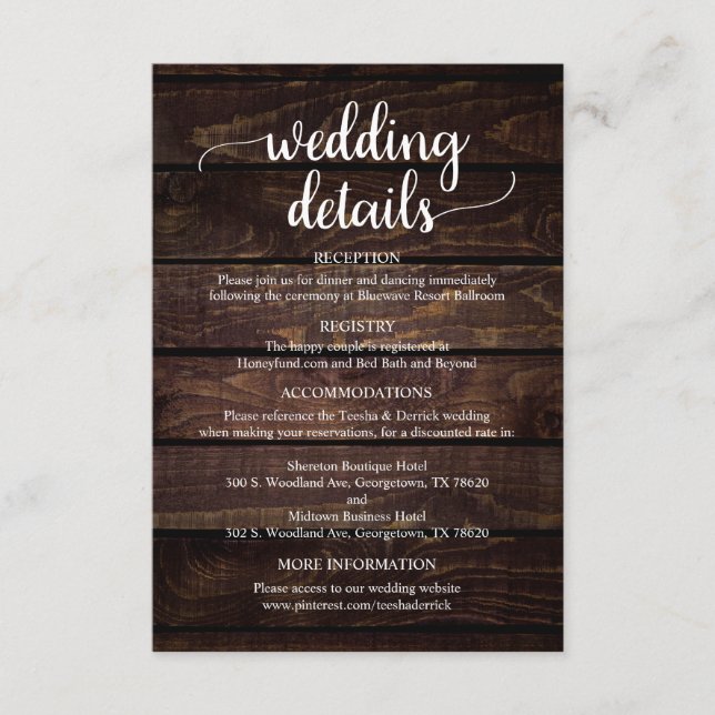 Tarjeta De Recepción Detalles de nuestro Boda, inclusión de guión azul  (Anverso)