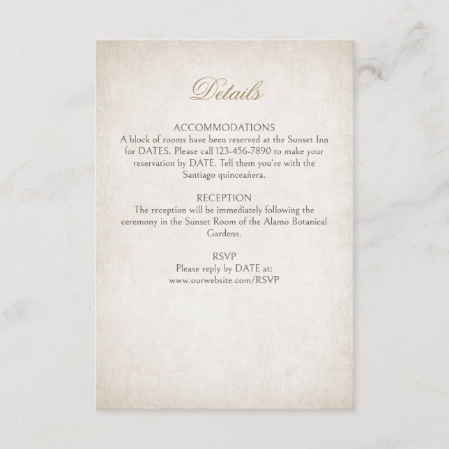 Tarjeta De Recepción Detalles de Quinceanera (Anverso)