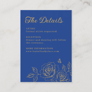 Tarjeta De Recepción Detalles de Quinceañera Floral Azul Real