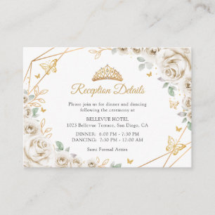 Tarjeta De Recepción Detalles de Quinceañera Floral Crema Marfil Dorado