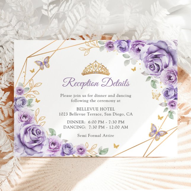 Tarjeta De Recepción Detalles de Quinceanera floral Lilac Purple Gold (Subido por el creador)
