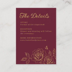 Tarjeta De Recepción Detalles de Quinceañera Floral Roja y Dorada