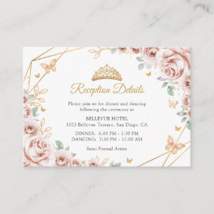 Tarjeta De Recepción Detalles de Quinceañera Floral Rosa Dorado