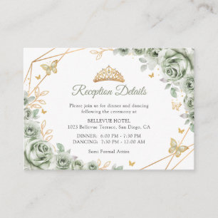 Tarjeta De Recepción Detalles de Quinceañera Floral Verde Menta Dorado