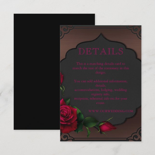 Tarjeta De Recepción Detalles de rosas rojas góticas de marco antiguo (Anverso / Reverso)