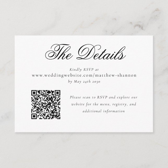 Tarjeta De Recepción Detalles de RSVP de Boda en Script Elegante Blanco (Anverso)