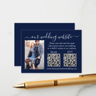 Tarjeta De Recepción Detalles de RSVP de boda Foto 2 QR Azul