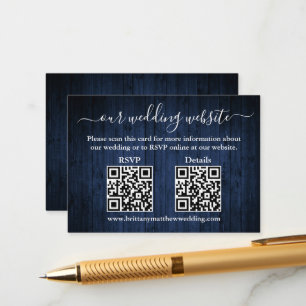 Tarjeta De Recepción Detalles de RSVP de boda Rústica Azul Wood 2 QR
