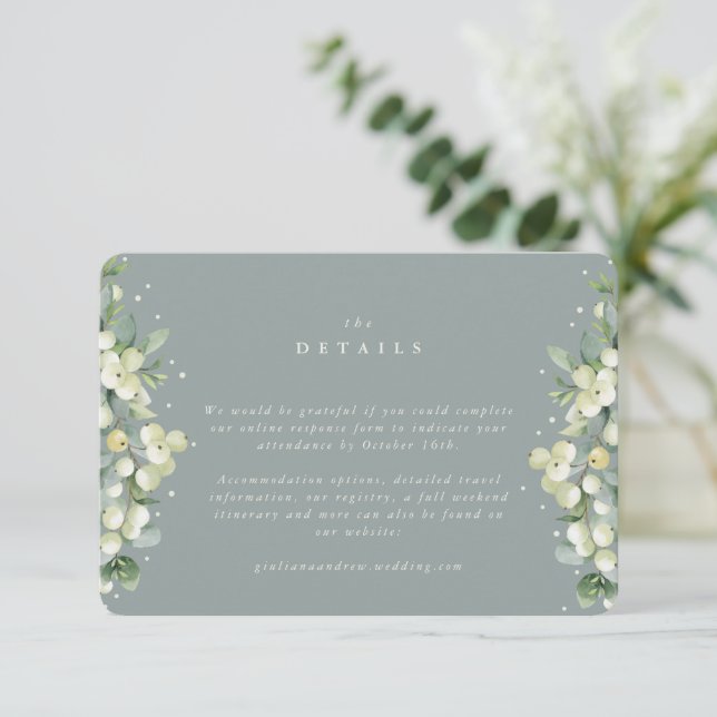 Tarjeta De Recepción Detalles de Snowberry verde pequeño + Eucalyptus/R (Anverso de pie)