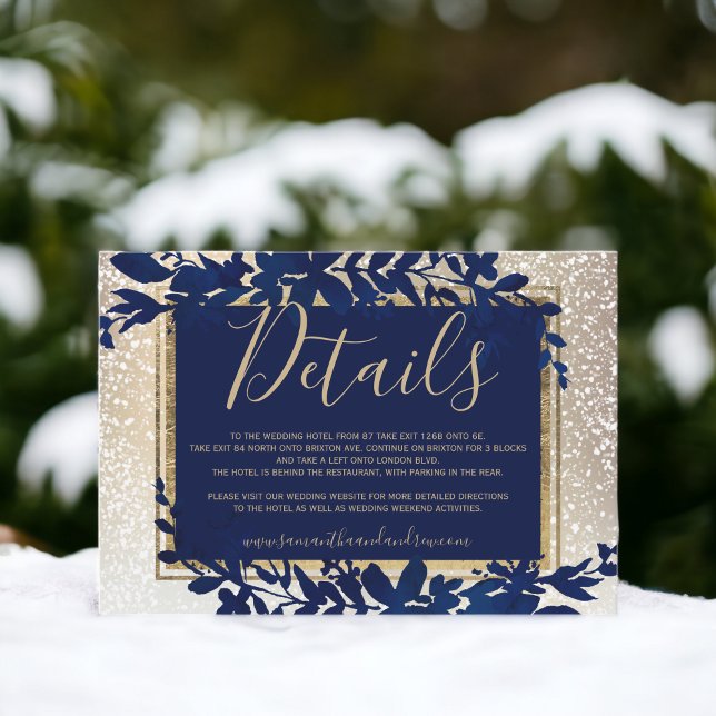 Tarjeta De Recepción detalles de tipografía dorada hoja azul nieve invi (gold typography leaf blue snow winter details enclosure card)
