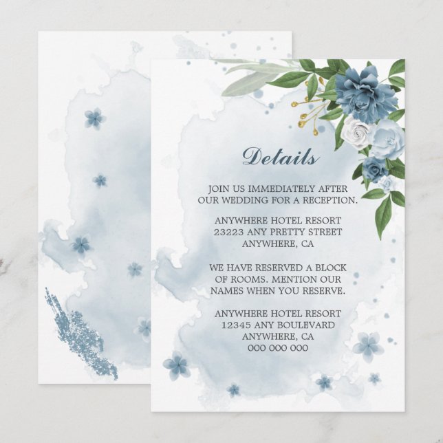 Tarjeta De Recepción detalles de vegetación de flores azules blancas (Anverso / Reverso)