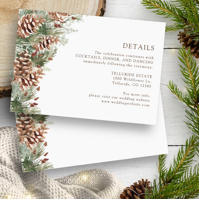 Tarjeta De Recepción Detalles de verde (White Pinecone Greenery Details Enclosure Card by Painted Paperie
)