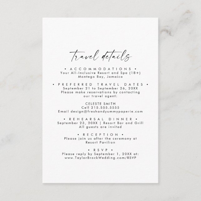 Tarjeta De Recepción Detalles de viaje de boda de destino de guión mode (Anverso)