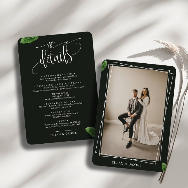 Tarjeta De Recepción Detalles de viaje de Boda de foto de hojas tropica (Subido por el creador)