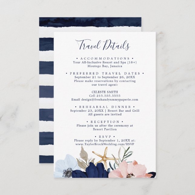 Tarjeta De Recepción Detalles de viaje de Boda floral acuático moderno (Anverso / Reverso)