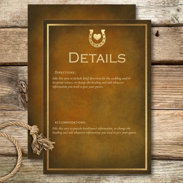 Tarjeta De Recepción Detalles de Western Rustic Horseshoe Brown y Gold (Western Rustic Horseshoe Brown & Gold Details Enclosure Card)