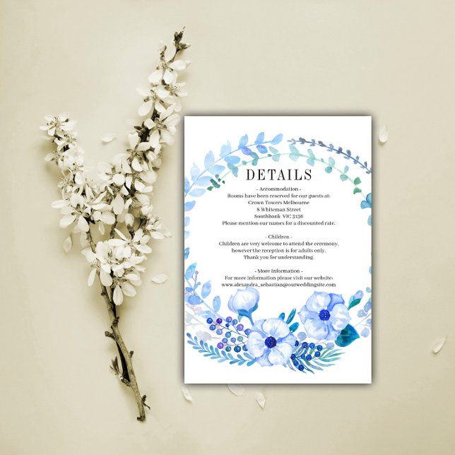 Tarjeta De Recepción Detalles de Wreath, Boda floral azul ruso (Subido por el creador)