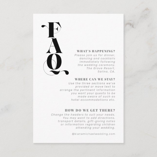 Tarjeta De Recepción Detalles decorativos del Boda moderno FAQ ID887 (Anverso)