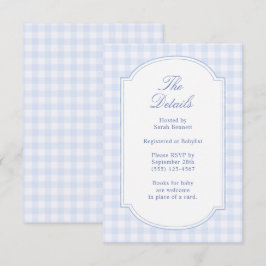 Tarjeta De Recepción Detalles del Baby Shower de Gingham Azul