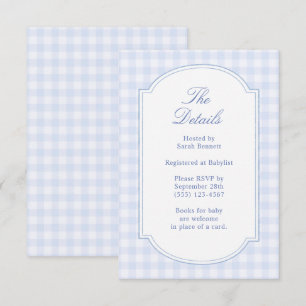 Tarjeta De Recepción Detalles del Baby Shower de Gingham Azul