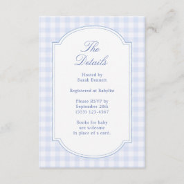 Tarjeta De Recepción Detalles del Baby Shower de Gingham Azul