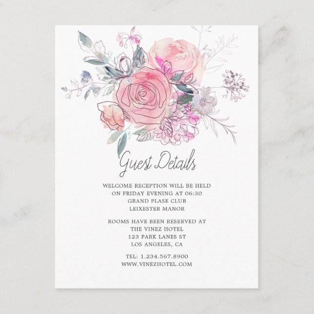 Tarjeta De Recepción Detalles del Boda acuarela Doodle Floral (Anverso)