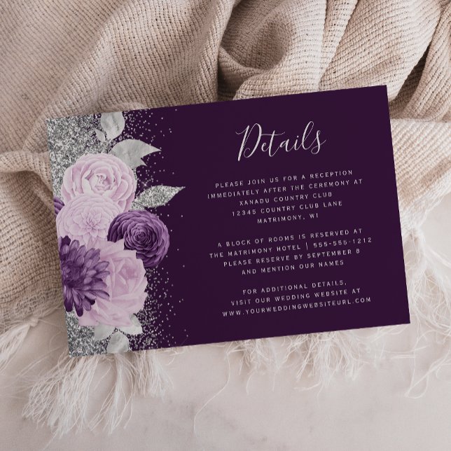 Tarjeta De Recepción Detalles del Boda acuarela floral morado plateado (Subido por el creador)