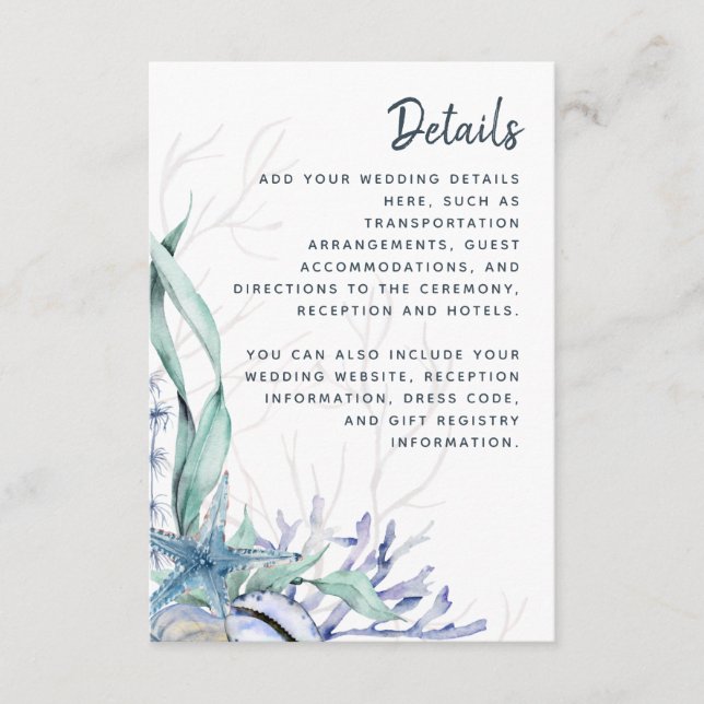 Tarjeta De Recepción Detalles del Boda acuático Blue Ocean Beach (Anverso)