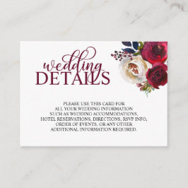 Tarjeta De Recepción DETALLES del Boda acuático Floral Burgundy Wine
