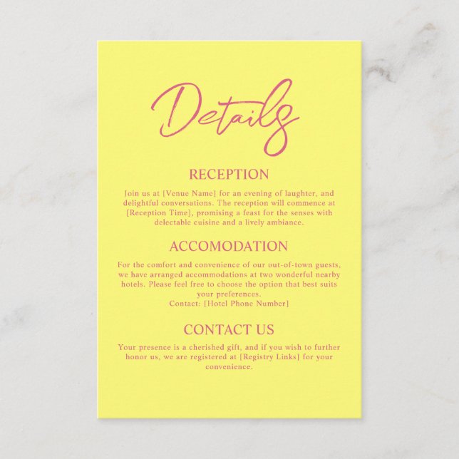 Tarjeta De Recepción Detalles del Boda amarillo rosa y mantequilla mode (Anverso)