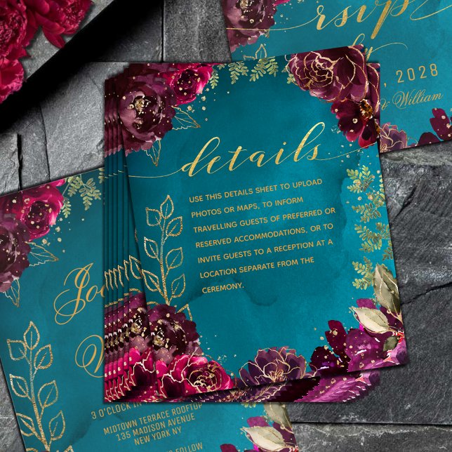 Tarjeta De Recepción Detalles del Boda Aqua Merlot Verde azulado Jewel  (Aqua Teal Merlot Gold Jewel Tone Wedding Details Enclosure Card)