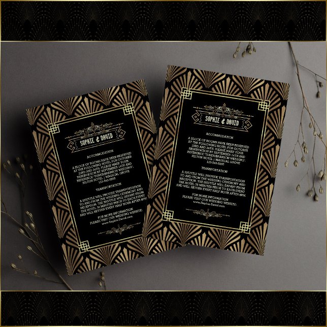 Tarjeta De Recepción Detalles del Boda Art Deco Black Gold Gatsby de lo (wedding Art Deco details, wedding accommodations card, gold black enclosure card wedding details)