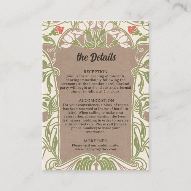 Tarjeta De Recepción Detalles del Boda Art Nouveau Floral Elegance (Anverso)