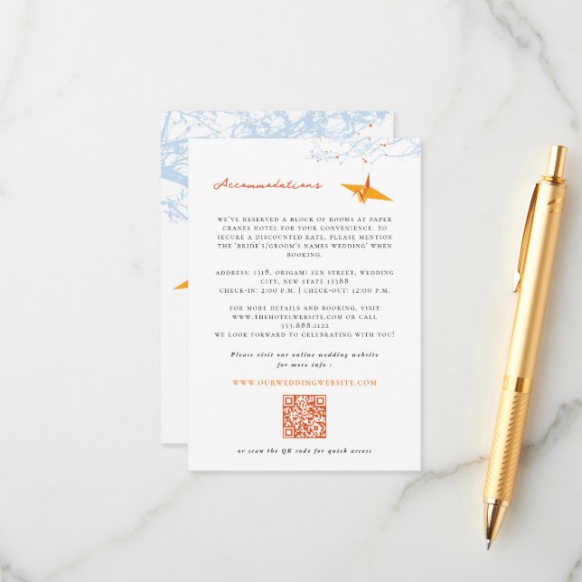 Tarjeta De Recepción Detalles del Boda asiático Crane, Naranja de orige (Anverso/Reverso In Situ)