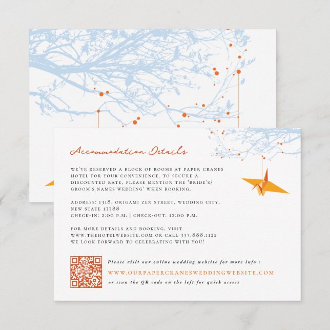 Tarjeta De Recepción Detalles del Boda asiático Crane, Naranja de orige (Anverso / Reverso)