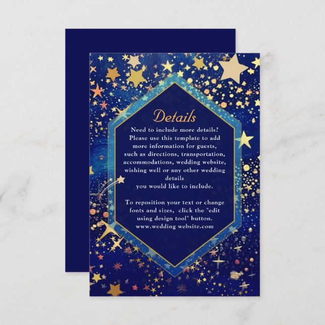 Tarjeta De Recepción Detalles del boda azul celestial de la noche estre (Anverso / Reverso)
