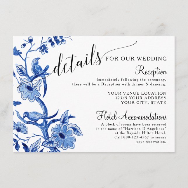 Tarjeta De Recepción Detalles del Boda azul Chinoiserie de influencia a (Anverso)