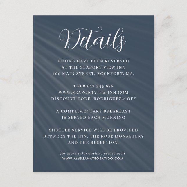 Tarjeta De Recepción Detalles del Boda azul de la marina de script simp (Anverso)