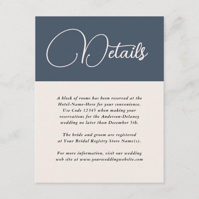 Tarjeta De Recepción Detalles del Boda azul de la Marina de Simplicidad (Anverso)