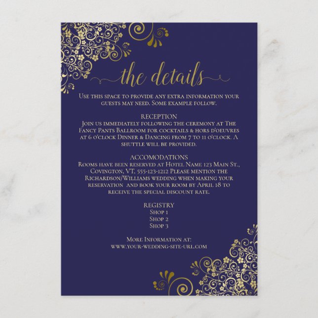 Tarjeta De Recepción Detalles del Boda azul de la Marina Elegante (Anverso)