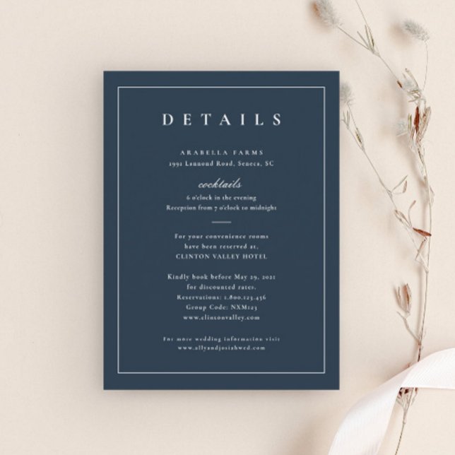 Tarjeta De Recepción Detalles del Boda azul de la Marina Elegante Clási (Simple Navy Blue Wedding Details Enclosure Cards.)