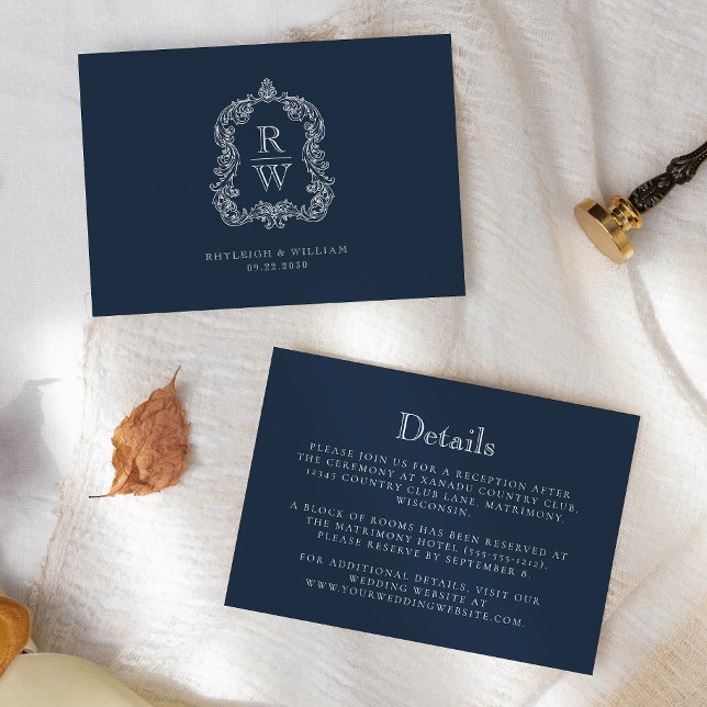 Tarjeta De Recepción Detalles del Boda azul de la Marina Escudo Monogra (Subido por el creador)
